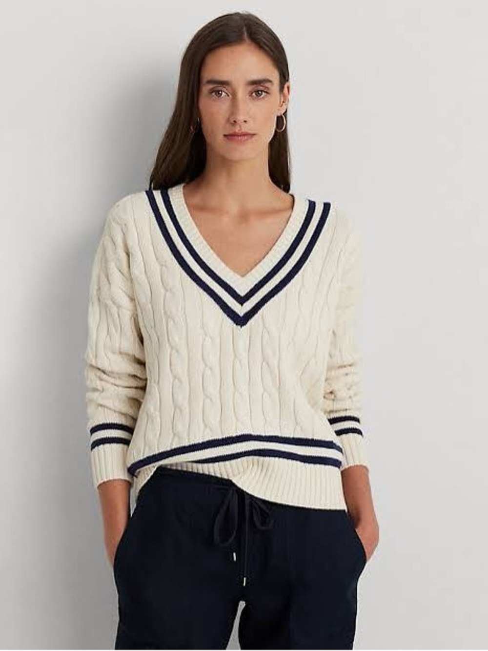 Ralph Lauren 100% Cotton V-Neck Cable Knit Sweater in Cream with Navy Trim